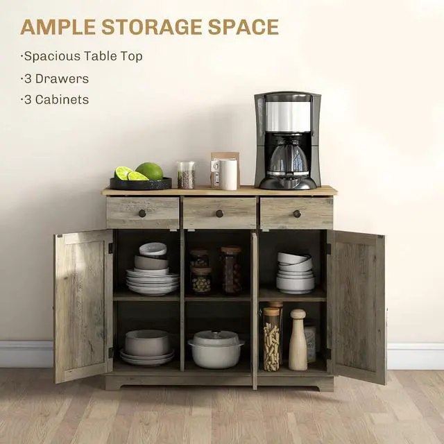 Alt view image 4 of 7 - Sideboard Buffet Cabinet Solid Wood Countertop Distressed Gray | Modern Kitchen Storage, Coffee Bar Cabinet, 3 Drawers, Doors, Adjustable Shelf
