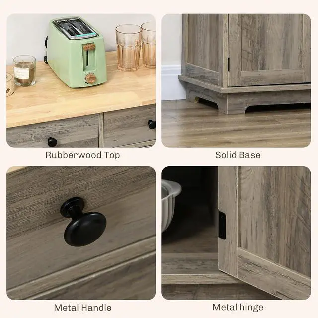 Alt view image 7 of 7 - Sideboard Buffet Cabinet Solid Wood Countertop Distressed Gray | Modern Kitchen Storage, Coffee Bar Cabinet, 3 Drawers, Doors, Adjustable Shelf