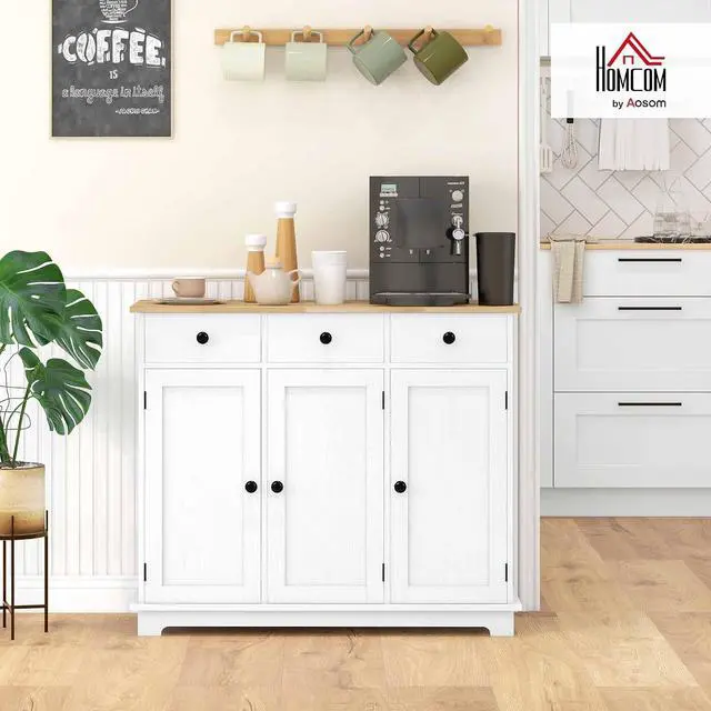 Alt view image 2 of 7 - Sideboard Buffet Cabinet Solid Wood Countertop Distressed White | Modern Kitchen Storage, Coffee Bar Cabinet, 3 Drawers, Doors, Adjustable Shelf