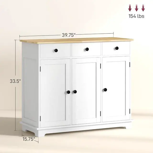 Alt view image 3 of 7 - Sideboard Buffet Cabinet Solid Wood Countertop Distressed White | Modern Kitchen Storage, Coffee Bar Cabinet, 3 Drawers, Doors, Adjustable Shelf
