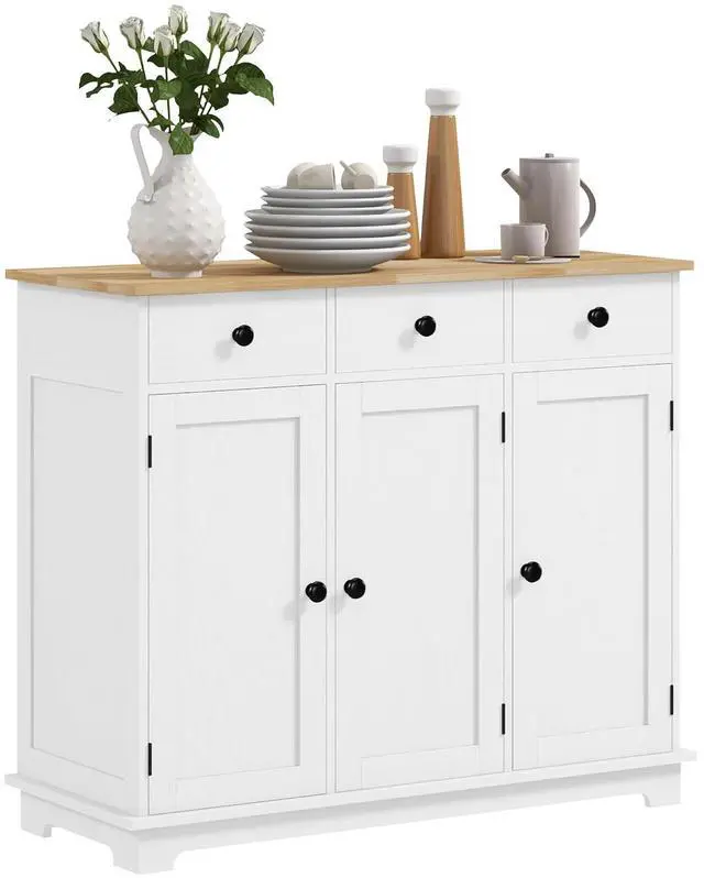 Main image of Sideboard Buffet Cabinet Solid Wood Countertop Distressed White | Modern Kitchen Storage, Coffee Bar Cabinet, 3 Drawers, Doors, Adjustable Shelf