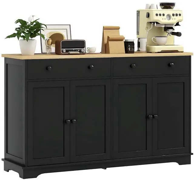 Main image of Sideboard Buffet Cabinet Solid Wood Countertop 55" Black | Modern Kitchen Storage, Coffee Bar Cabinet, 4 Drawers, 2 Doors, 2 Adjustable Shelf