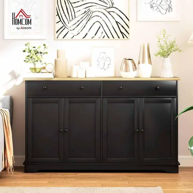 Alt view image 2 of 7 - Sideboard Buffet Cabinet Solid Wood Countertop 55" Black | Modern Kitchen Storage, Coffee Bar Cabinet, 4 Drawers, 2 Doors, 2 Adjustable Shelf