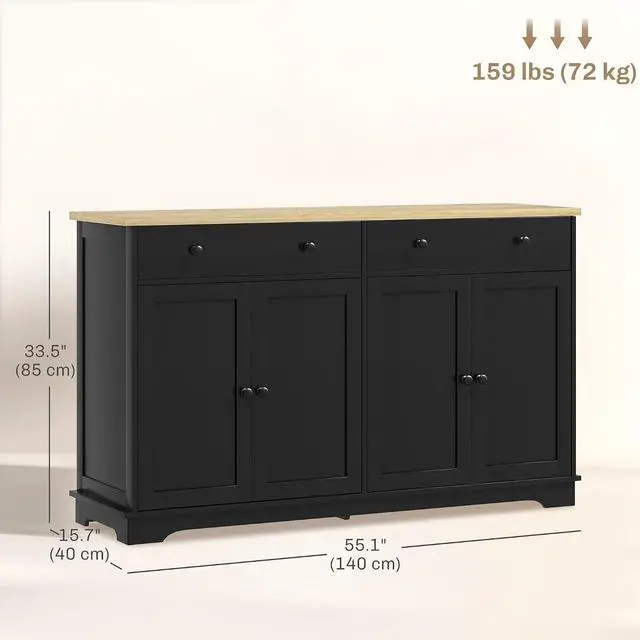 Alt view image 3 of 7 - Sideboard Buffet Cabinet Solid Wood Countertop 55" Black | Modern Kitchen Storage, Coffee Bar Cabinet, 4 Drawers, 2 Doors, 2 Adjustable Shelf