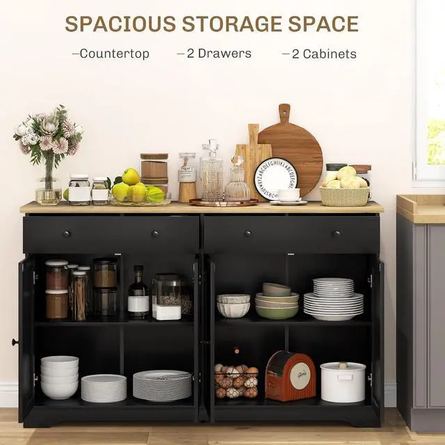 Alt view image 4 of 7 - Sideboard Buffet Cabinet Solid Wood Countertop 55" Black | Modern Kitchen Storage, Coffee Bar Cabinet, 4 Drawers, 2 Doors, 2 Adjustable Shelf
