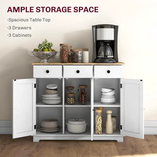 Alt view image 4 of 7 - Sideboard Buffet Cabinet Solid Wood Countertop Distressed White | Modern Kitchen Storage, Coffee Bar Cabinet, 3 Drawers, Doors, Adjustable Shelf