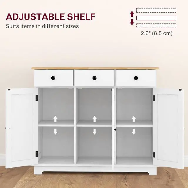 Alt view image 5 of 7 - Sideboard Buffet Cabinet Solid Wood Countertop Distressed White | Modern Kitchen Storage, Coffee Bar Cabinet, 3 Drawers, Doors, Adjustable Shelf