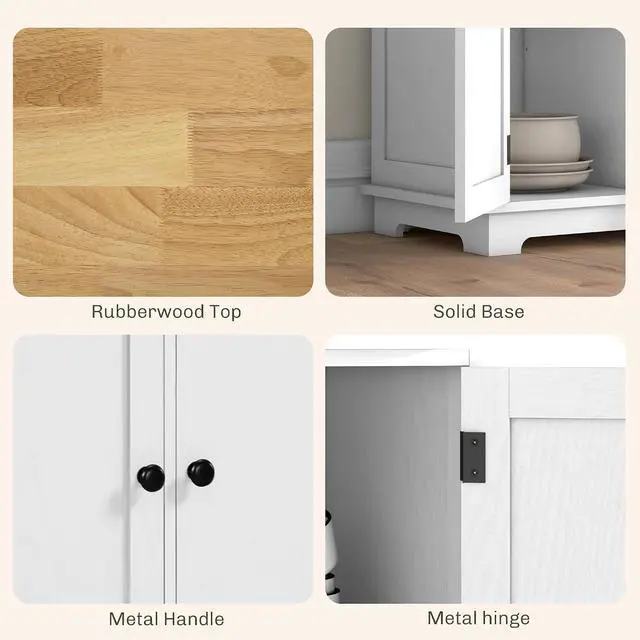Alt view image 6 of 7 - Sideboard Buffet Cabinet Solid Wood Countertop Distressed White | Modern Kitchen Storage, Coffee Bar Cabinet, 3 Drawers, Doors, Adjustable Shelf