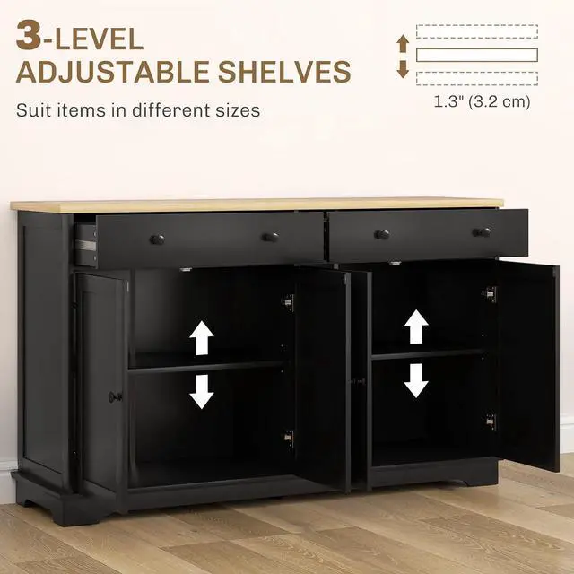 Alt view image 5 of 7 - Sideboard Buffet Cabinet Solid Wood Countertop 55" Black | Modern Kitchen Storage, Coffee Bar Cabinet, 4 Drawers, 2 Doors, 2 Adjustable Shelf