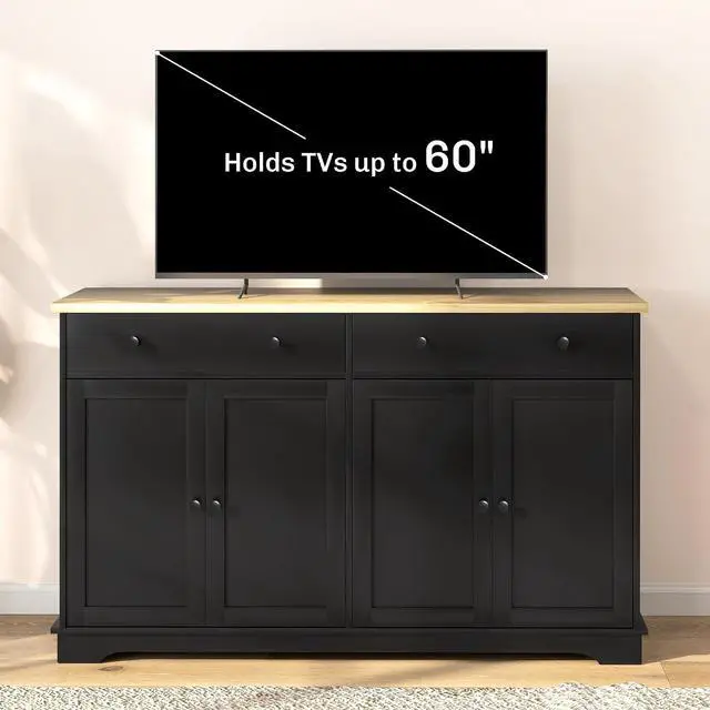Alt view image 6 of 7 - Sideboard Buffet Cabinet Solid Wood Countertop 55" Black | Modern Kitchen Storage, Coffee Bar Cabinet, 4 Drawers, 2 Doors, 2 Adjustable Shelf
