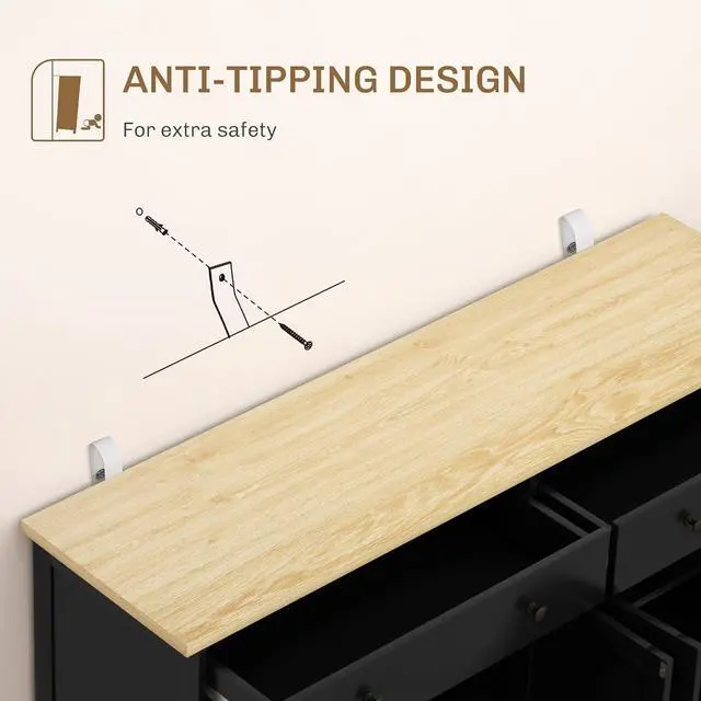 Alt view image 7 of 7 - Sideboard Buffet Cabinet Solid Wood Countertop 55" Black | Modern Kitchen Storage, Coffee Bar Cabinet, 4 Drawers, 2 Doors, 2 Adjustable Shelf