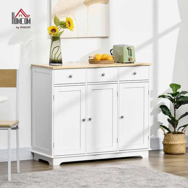 Alt view image 2 of 7 - Sideboard Buffet Cabinet Solid Wood Countertop White | Modern Kitchen Storage, Coffee Bar Cabinet, 3 Drawers, Doors, Adjustable Shelf