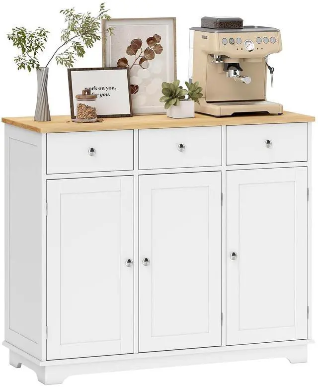 Main image of Sideboard Buffet Cabinet Solid Wood Countertop White | Modern Kitchen Storage, Coffee Bar Cabinet, 3 Drawers, Doors, Adjustable Shelf