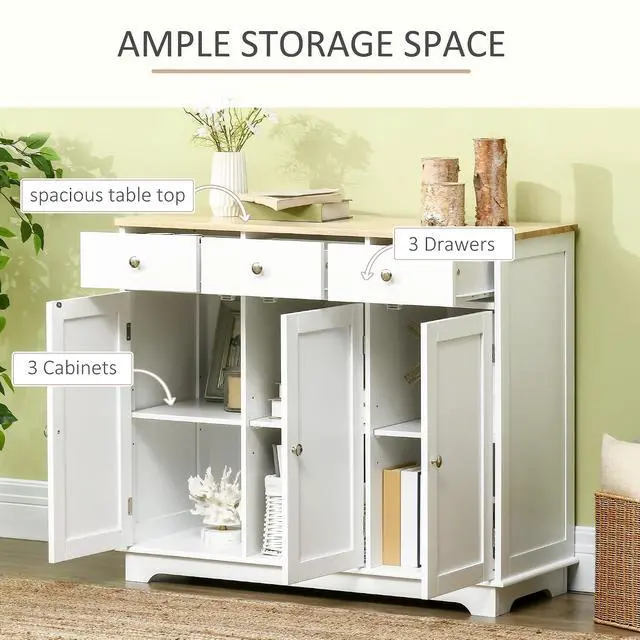 Alt view image 4 of 7 - Sideboard Buffet Cabinet Solid Wood Countertop White | Modern Kitchen Storage, Coffee Bar Cabinet, 3 Drawers, Doors, Adjustable Shelf