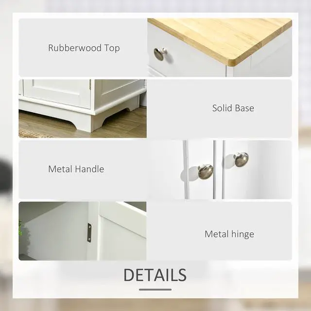 Alt view image 6 of 7 - Sideboard Buffet Cabinet Solid Wood Countertop White | Modern Kitchen Storage, Coffee Bar Cabinet, 3 Drawers, Doors, Adjustable Shelf