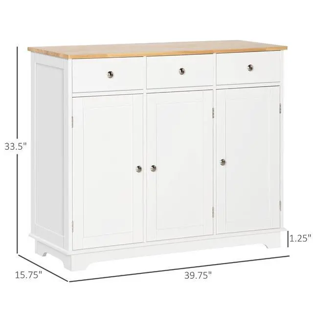 Alt view image 3 of 7 - Sideboard Buffet Cabinet Solid Wood Countertop White | Modern Kitchen Storage, Coffee Bar Cabinet, 3 Drawers, Doors, Adjustable Shelf