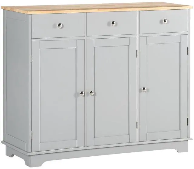 Main image of Sideboard Buffet Cabinet Solid Wood Countertop Gray | Modern Kitchen Storage, Coffee Bar Cabinet, 3 Drawers, Doors, Adjustable Shelf