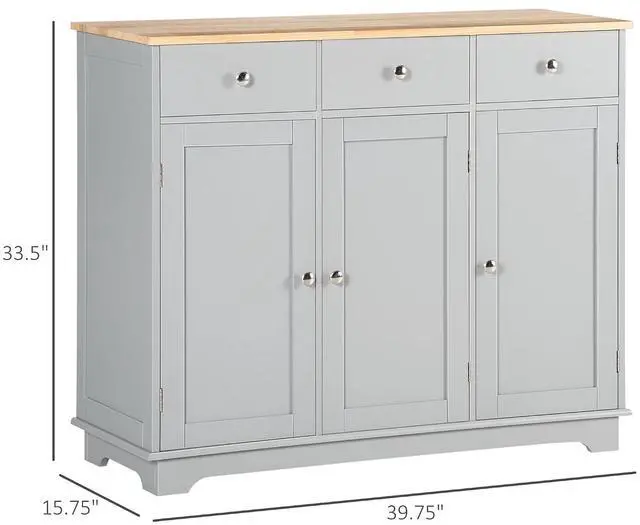 Alt view image 3 of 7 - Sideboard Buffet Cabinet Solid Wood Countertop Gray | Modern Kitchen Storage, Coffee Bar Cabinet, 3 Drawers, Doors, Adjustable Shelf