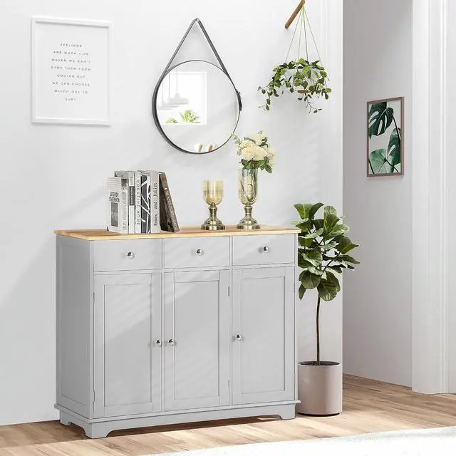 Alt view image 2 of 7 - Sideboard Buffet Cabinet Solid Wood Countertop Gray | Modern Kitchen Storage, Coffee Bar Cabinet, 3 Drawers, Doors, Adjustable Shelf