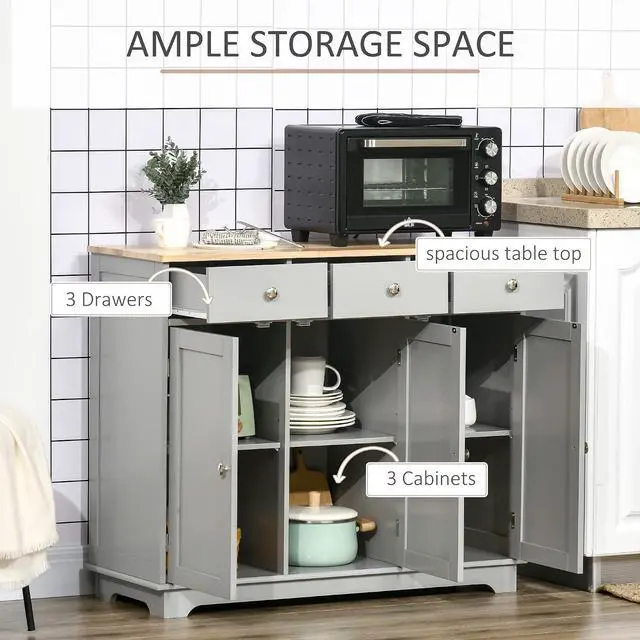 Alt view image 4 of 7 - Sideboard Buffet Cabinet Solid Wood Countertop Gray | Modern Kitchen Storage, Coffee Bar Cabinet, 3 Drawers, Doors, Adjustable Shelf