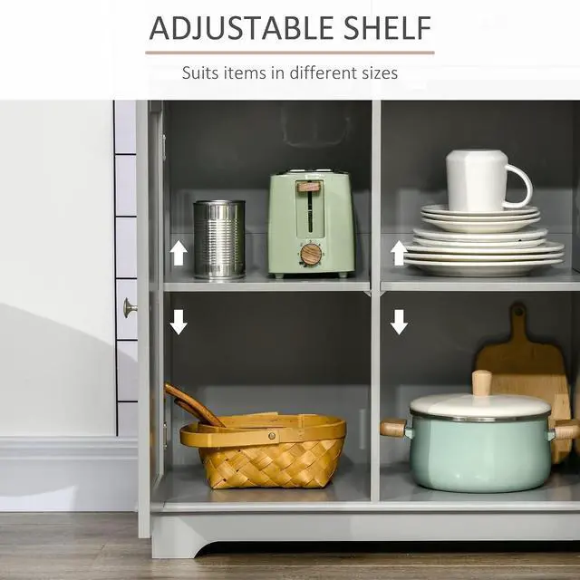 Alt view image 5 of 7 - Sideboard Buffet Cabinet Solid Wood Countertop Gray | Modern Kitchen Storage, Coffee Bar Cabinet, 3 Drawers, Doors, Adjustable Shelf