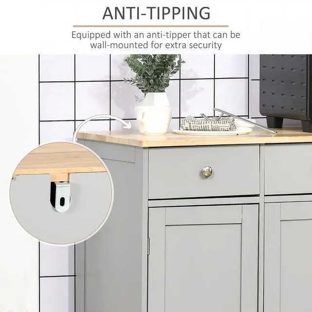 Alt view image 7 of 7 - Sideboard Buffet Cabinet Solid Wood Countertop Gray | Modern Kitchen Storage, Coffee Bar Cabinet, 3 Drawers, Doors, Adjustable Shelf