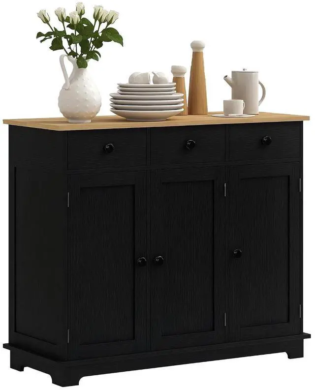 Main image of Sideboard Buffet Cabinet Solid Wood Countertop Modern Black | Modern Kitchen Storage, Coffee Bar Cabinet, 3 Drawers, Doors, Adjustable Shelf