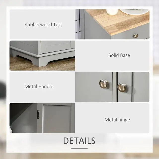 Alt view image 6 of 7 - Sideboard Buffet Cabinet Solid Wood Countertop Gray | Modern Kitchen Storage, Coffee Bar Cabinet, 3 Drawers, Doors, Adjustable Shelf