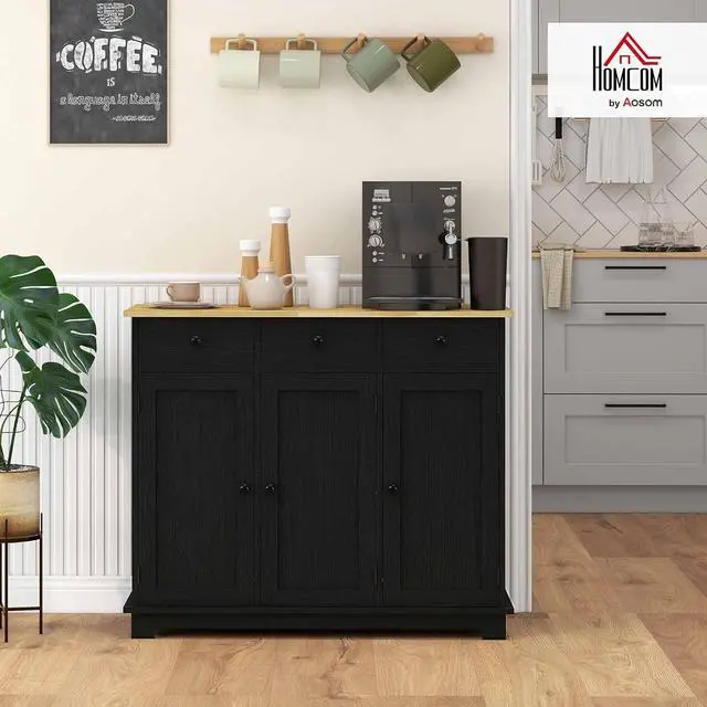 Alt view image 2 of 7 - Sideboard Buffet Cabinet Solid Wood Countertop Modern Black | Modern Kitchen Storage, Coffee Bar Cabinet, 3 Drawers, Doors, Adjustable Shelf