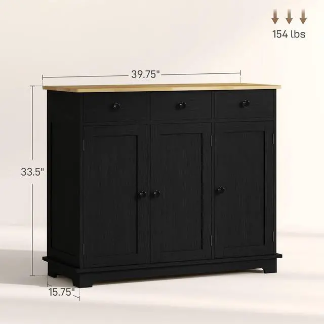 Alt view image 3 of 7 - Sideboard Buffet Cabinet Solid Wood Countertop Modern Black | Modern Kitchen Storage, Coffee Bar Cabinet, 3 Drawers, Doors, Adjustable Shelf