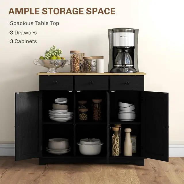 Alt view image 4 of 7 - Sideboard Buffet Cabinet Solid Wood Countertop Modern Black | Modern Kitchen Storage, Coffee Bar Cabinet, 3 Drawers, Doors, Adjustable Shelf