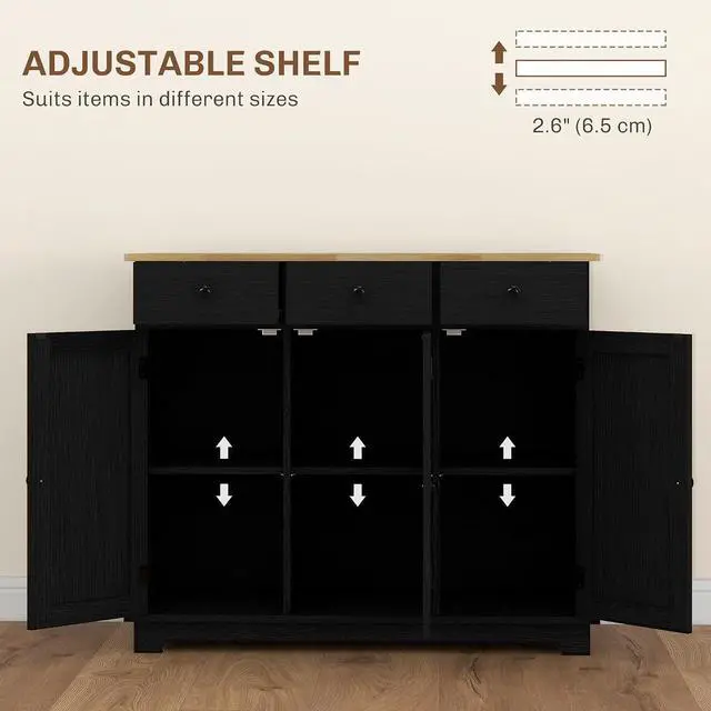 Alt view image 5 of 7 - Sideboard Buffet Cabinet Solid Wood Countertop Modern Black | Modern Kitchen Storage, Coffee Bar Cabinet, 3 Drawers, Doors, Adjustable Shelf