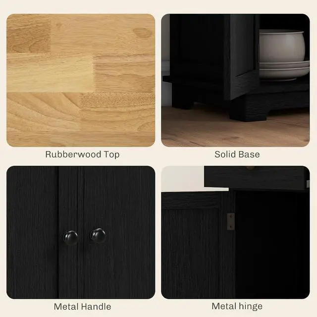 Alt view image 6 of 7 - Sideboard Buffet Cabinet Solid Wood Countertop Modern Black | Modern Kitchen Storage, Coffee Bar Cabinet, 3 Drawers, Doors, Adjustable Shelf