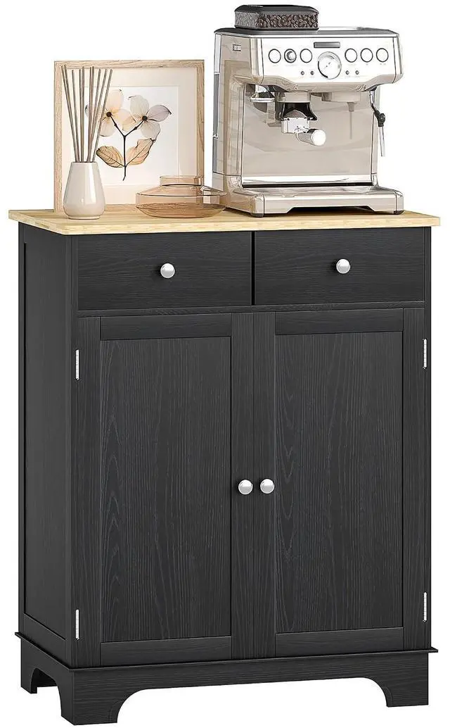 Main image of Sideboard Buffet Cabinet Solid Wood Countertop Distressed Black | Modern Kitchen Storage, Coffee Bar Cabinet, 2 Drawers, Doors, Adjustable Shelf