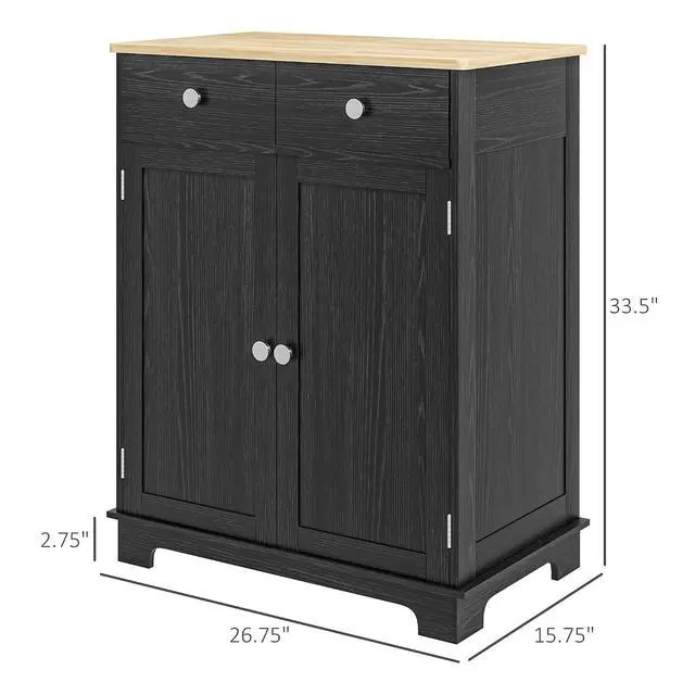 Alt view image 3 of 7 - Sideboard Buffet Cabinet Solid Wood Countertop Distressed Black | Modern Kitchen Storage, Coffee Bar Cabinet, 2 Drawers, Doors, Adjustable Shelf