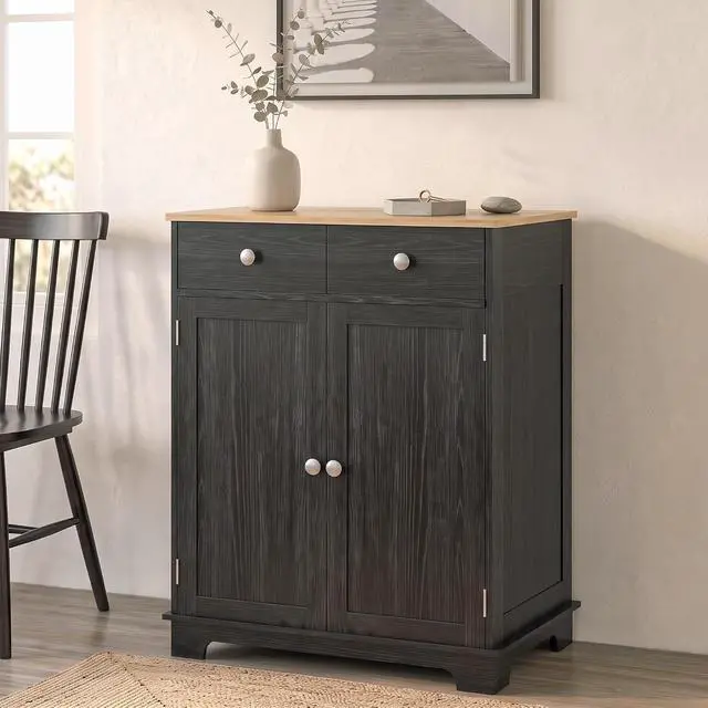 Alt view image 2 of 7 - Sideboard Buffet Cabinet Solid Wood Countertop Distressed Black | Modern Kitchen Storage, Coffee Bar Cabinet, 2 Drawers, Doors, Adjustable Shelf