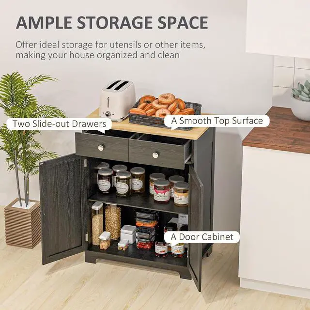 Alt view image 4 of 7 - Sideboard Buffet Cabinet Solid Wood Countertop Distressed Black | Modern Kitchen Storage, Coffee Bar Cabinet, 2 Drawers, Doors, Adjustable Shelf