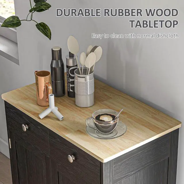 Alt view image 5 of 7 - Sideboard Buffet Cabinet Solid Wood Countertop Distressed Black | Modern Kitchen Storage, Coffee Bar Cabinet, 2 Drawers, Doors, Adjustable Shelf