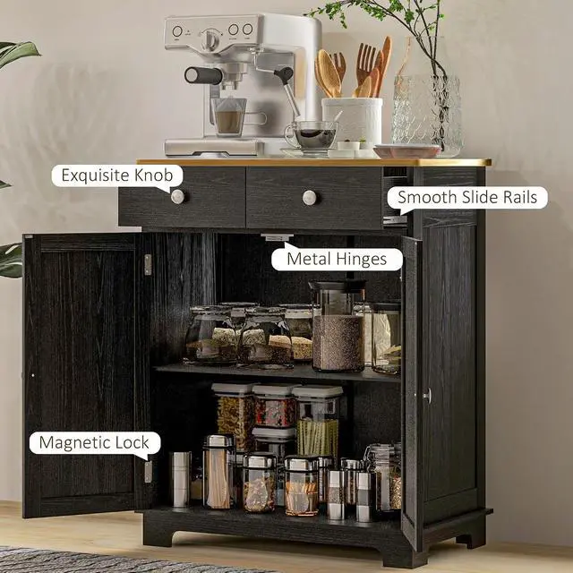 Alt view image 7 of 7 - Sideboard Buffet Cabinet Solid Wood Countertop Distressed Black | Modern Kitchen Storage, Coffee Bar Cabinet, 2 Drawers, Doors, Adjustable Shelf