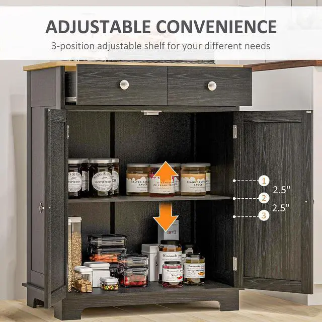 Alt view image 6 of 7 - Sideboard Buffet Cabinet Solid Wood Countertop Distressed Black | Modern Kitchen Storage, Coffee Bar Cabinet, 2 Drawers, Doors, Adjustable Shelf