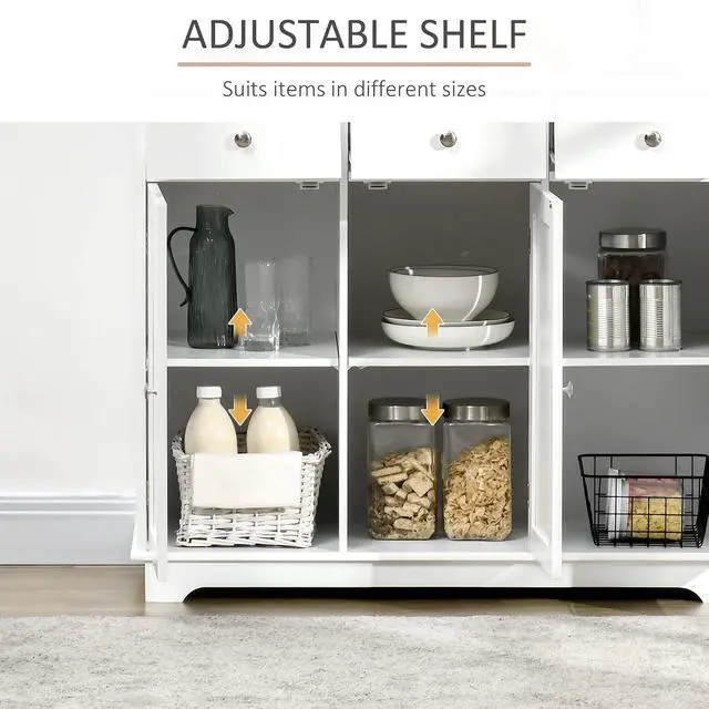 Alt view image 5 of 7 - Sideboard Buffet Cabinet Solid Wood Countertop White | Modern Kitchen Storage, Coffee Bar Cabinet, 3 Drawers, Doors, Adjustable Shelf
