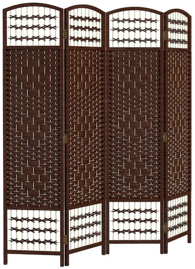 Main image of 4 Panel Room Divider, Folding Privacy Screen, 5.6', Brown | Room Separator, Wave Fiber Freestanding Partition Wall Divider