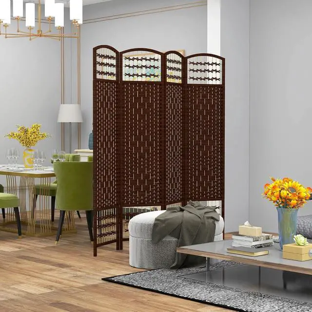 Alt view image 2 of 7 - 4 Panel Room Divider, Folding Privacy Screen, 5.6', Brown | Room Separator, Wave Fiber Freestanding Partition Wall Divider