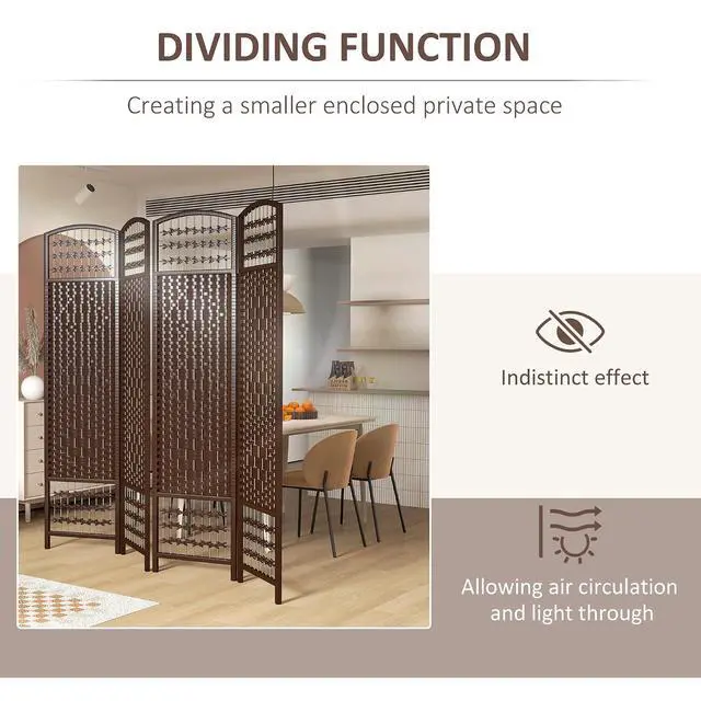 Alt view image 6 of 7 - 4 Panel Room Divider, Folding Privacy Screen, 5.6', Brown | Room Separator, Wave Fiber Freestanding Partition Wall Divider