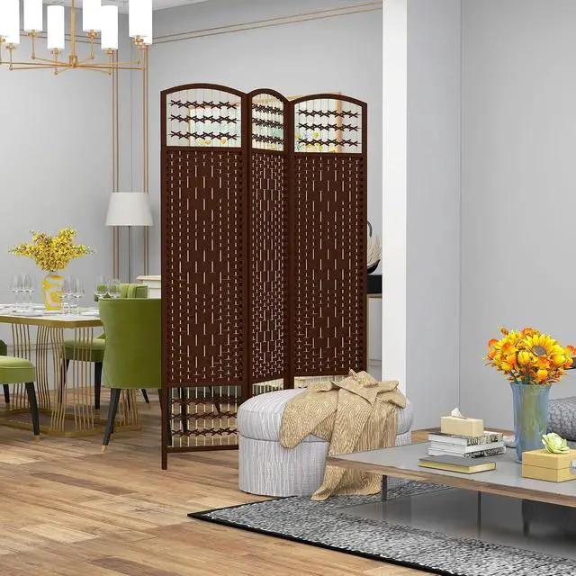 Alt view image 2 of 7 - 3 Panel Room Divider, Folding Privacy Screen, 5.6', Brown | Room Separator, Wave Fiber Freestanding Partition Wall Divider