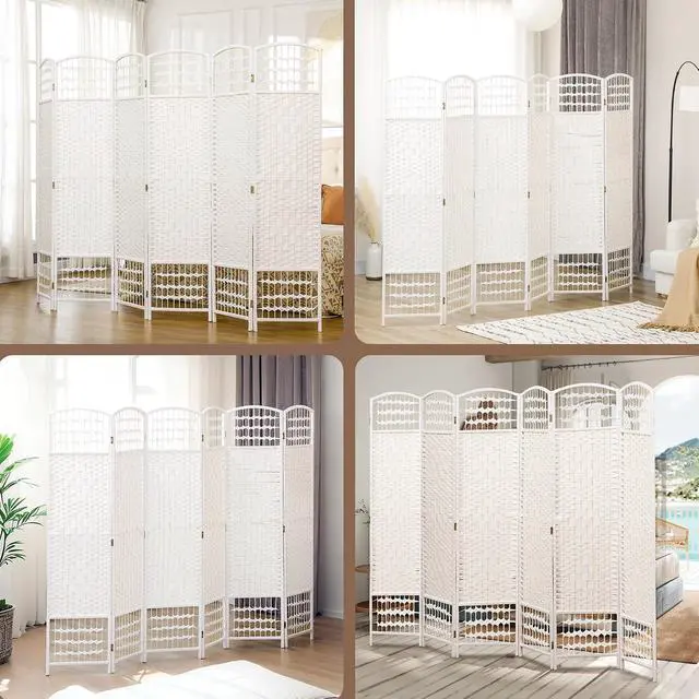 Alt view image 6 of 7 - 6 Panel Room Divider, Folding Privacy Screen, 5.6', White | Room Separator, Wave Fiber Freestanding Partition Wall Divider
