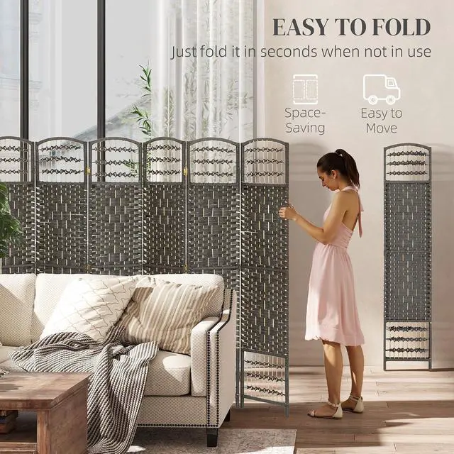 Alt view image 3 of 7 - 6 Panel Room Divider, Folding Privacy Screen, 5.6', Dark Gray | Room Separator, Wave Fiber Freestanding Partition Wall Divider