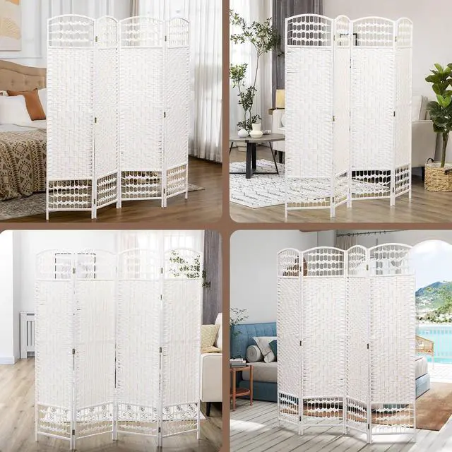 Alt view image 6 of 7 - 4 Panel Room Divider, Folding Privacy Screen, 5.6', White | Room Separator, Wave Fiber Freestanding Partition Wall Divider