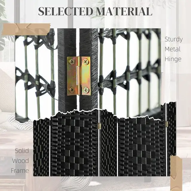 Alt view image 4 of 7 - 8 Panel Room Divider, Folding Privacy Screen, 5.6', Black | Room Separator, Wave Fiber Freestanding Partition Wall Divider