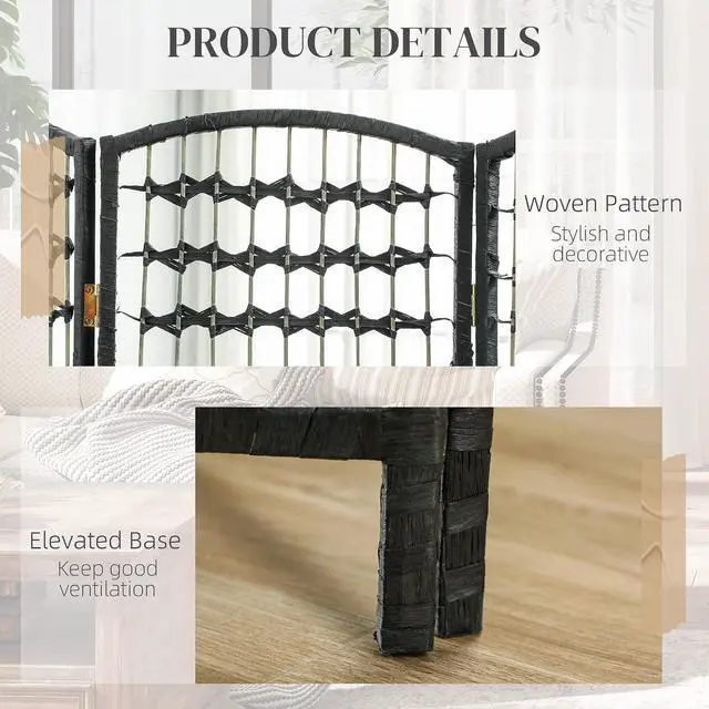 Alt view image 5 of 7 - 8 Panel Room Divider, Folding Privacy Screen, 5.6', Black | Room Separator, Wave Fiber Freestanding Partition Wall Divider
